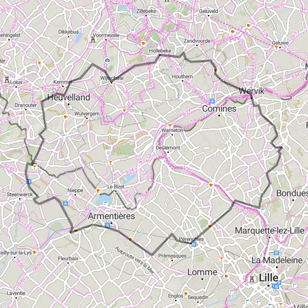 Miniature de la carte de l'inspiration cycliste "Les Chemins de la Vallée de la Lys" dans la Nord-Pas de Calais, France. Générée par le planificateur d'itinéraire cycliste Tarmacs.app