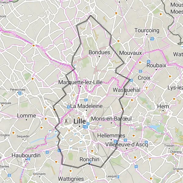 Map miniature of "The Linselles Loop" cycling inspiration in Nord-Pas de Calais, France. Generated by Tarmacs.app cycling route planner