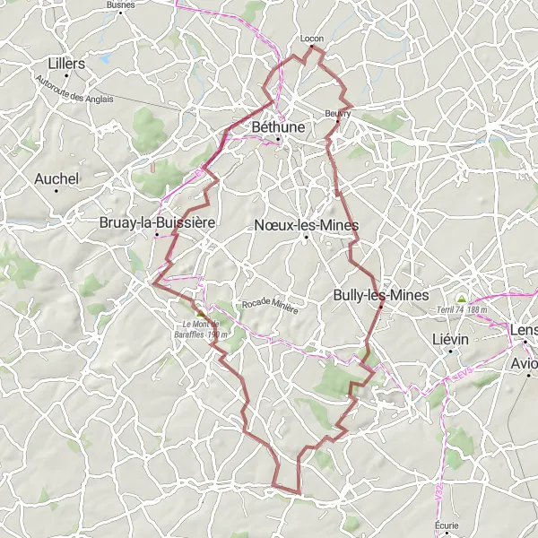Miniature de la carte de l'inspiration cycliste "Aventure gravel à travers les collines et les terrils" dans la Nord-Pas de Calais, France. Générée par le planificateur d'itinéraire cycliste Tarmacs.app
