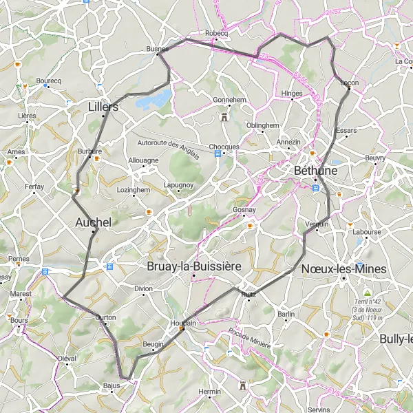 Map miniature of "Locon - Béthune Cycling Route" cycling inspiration in Nord-Pas de Calais, France. Generated by Tarmacs.app cycling route planner