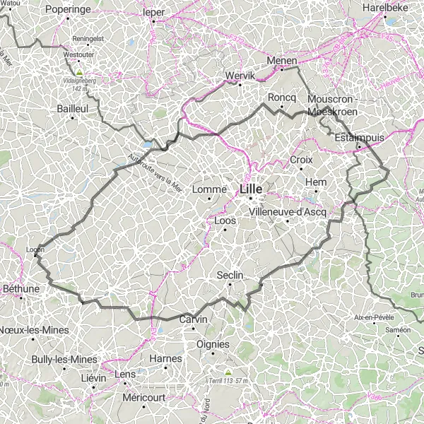 Miniature de la carte de l'inspiration cycliste "Les batailles de Bouvines" dans la Nord-Pas de Calais, France. Générée par le planificateur d'itinéraire cycliste Tarmacs.app