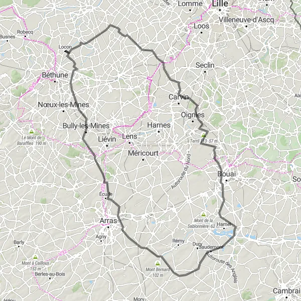 Miniature de la carte de l'inspiration cycliste "Les collines d'Artois" dans la Nord-Pas de Calais, France. Générée par le planificateur d'itinéraire cycliste Tarmacs.app