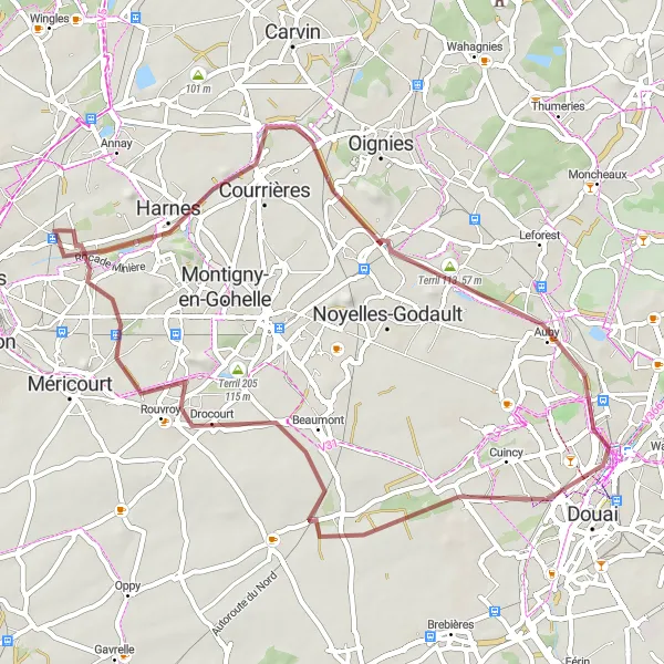 Map miniature of "Gravel Loop around Harnes" cycling inspiration in Nord-Pas de Calais, France. Generated by Tarmacs.app cycling route planner