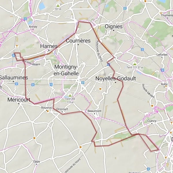 Map miniature of "Terrils and Quiéry-la-Motte" cycling inspiration in Nord-Pas de Calais, France. Generated by Tarmacs.app cycling route planner
