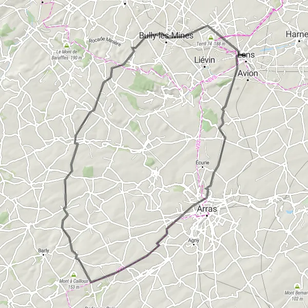 Miniature de la carte de l'inspiration cycliste "Le Tour des Clochers du Nord" dans la Nord-Pas de Calais, France. Générée par le planificateur d'itinéraire cycliste Tarmacs.app