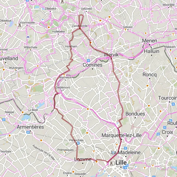 Map miniature of "Gravel Route around Lomme" cycling inspiration in Nord-Pas de Calais, France. Generated by Tarmacs.app cycling route planner
