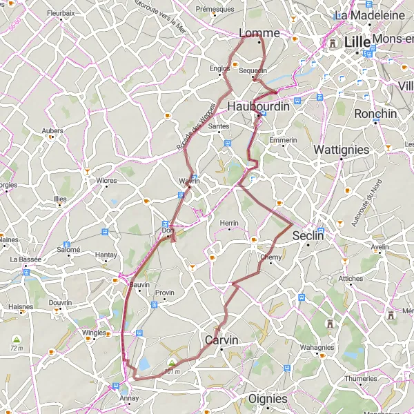 Miniature de la carte de l'inspiration cycliste "Aventure à Carvin" dans la Nord-Pas de Calais, France. Générée par le planificateur d'itinéraire cycliste Tarmacs.app