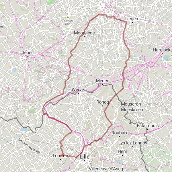 Map miniature of "Scenic Gravel Adventure near Lomme" cycling inspiration in Nord-Pas de Calais, France. Generated by Tarmacs.app cycling route planner