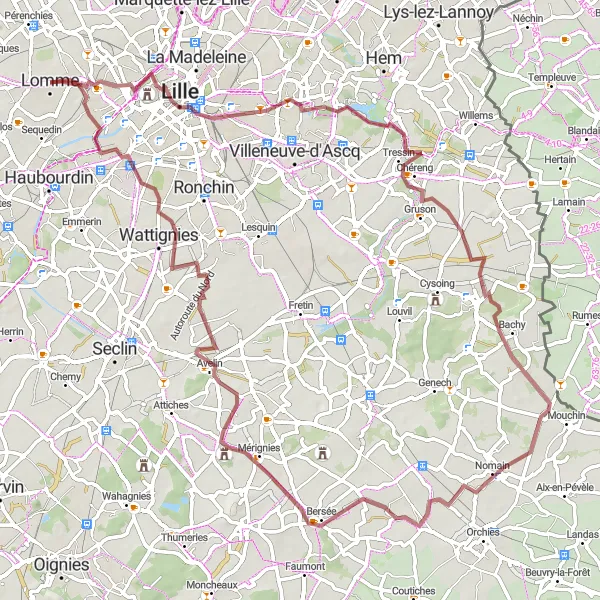 Miniature de la carte de l'inspiration cycliste "Tour en gravier à travers Lille" dans la Nord-Pas de Calais, France. Générée par le planificateur d'itinéraire cycliste Tarmacs.app