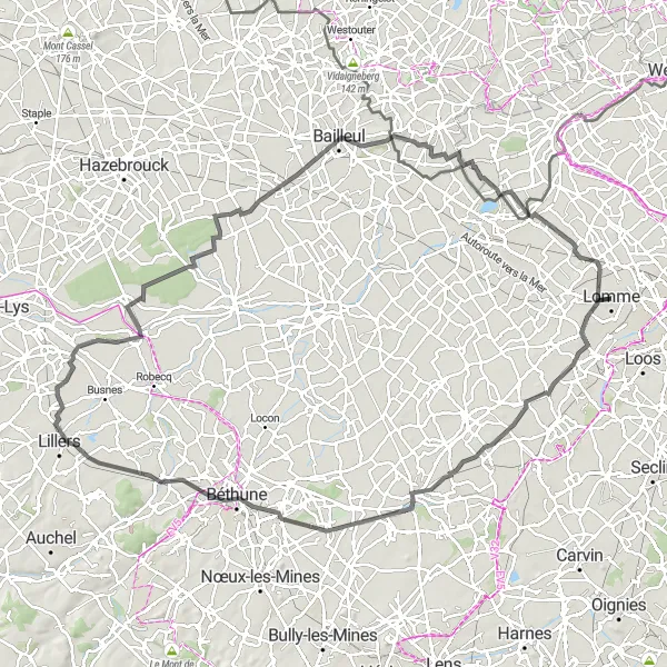 Miniature de la carte de l'inspiration cycliste "Aventure à travers la campagne nordiste" dans la Nord-Pas de Calais, France. Générée par le planificateur d'itinéraire cycliste Tarmacs.app