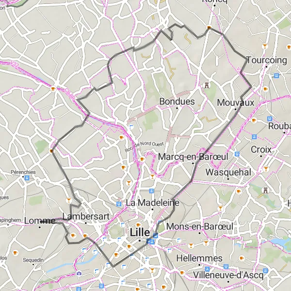 Map miniature of "Lomme - Verlinghem - Linselles - Mouvaux - Lille - Sunset spot" cycling inspiration in Nord-Pas de Calais, France. Generated by Tarmacs.app cycling route planner