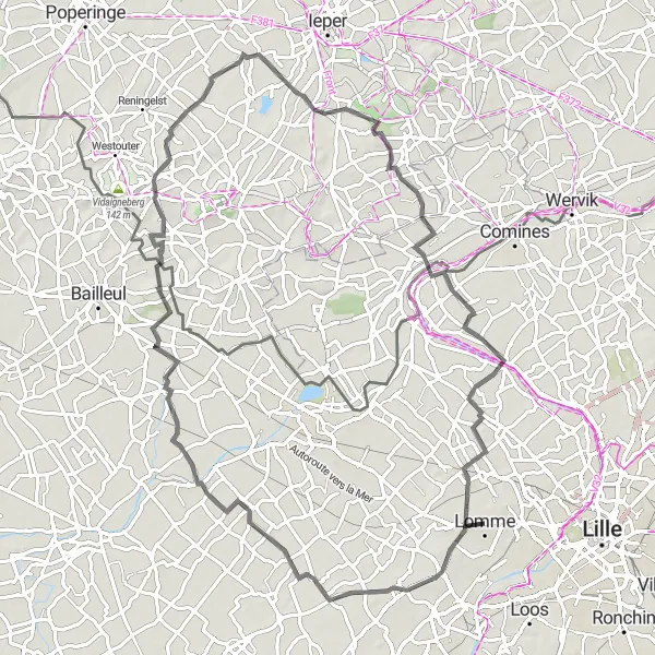 Miniature de la carte de l'inspiration cycliste "Escapade vers Pérenchies et Sulferberg" dans la Nord-Pas de Calais, France. Générée par le planificateur d'itinéraire cycliste Tarmacs.app