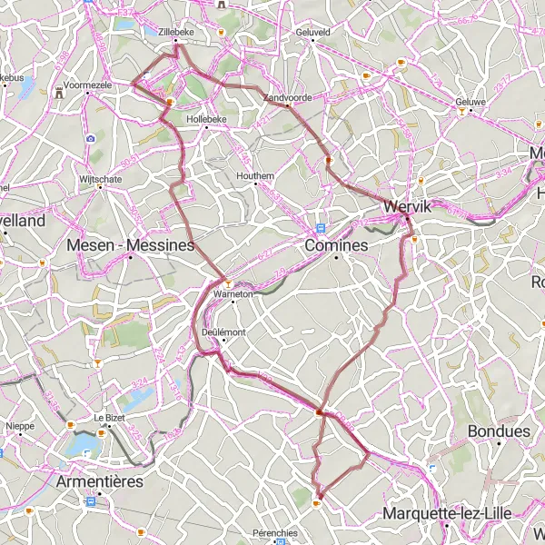 Miniature de la carte de l'inspiration cycliste "De Lompret à Warneton - Waasten" dans la Nord-Pas de Calais, France. Générée par le planificateur d'itinéraire cycliste Tarmacs.app