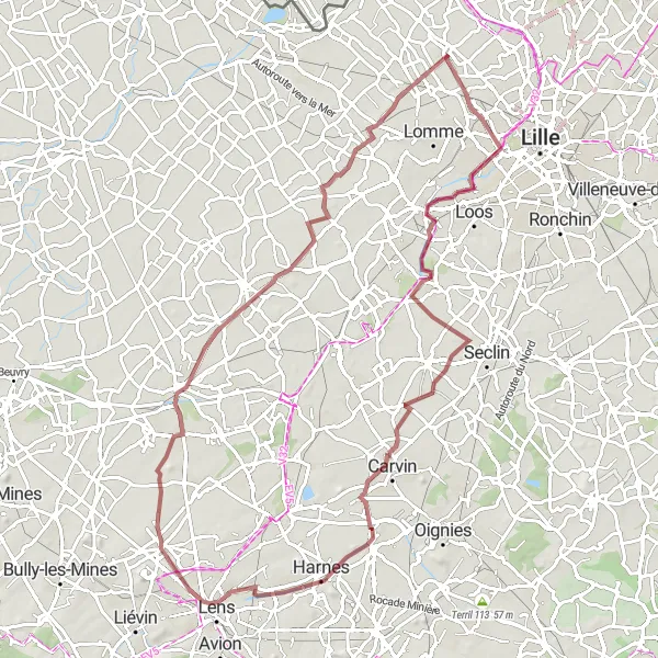 Miniature de la carte de l'inspiration cycliste "Tour autour de Sunset spot et Terril 230" dans la Nord-Pas de Calais, France. Générée par le planificateur d'itinéraire cycliste Tarmacs.app