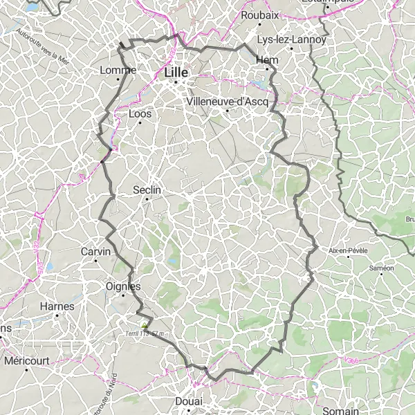 Map miniature of "Scenic Countryside Loop" cycling inspiration in Nord-Pas de Calais, France. Generated by Tarmacs.app cycling route planner