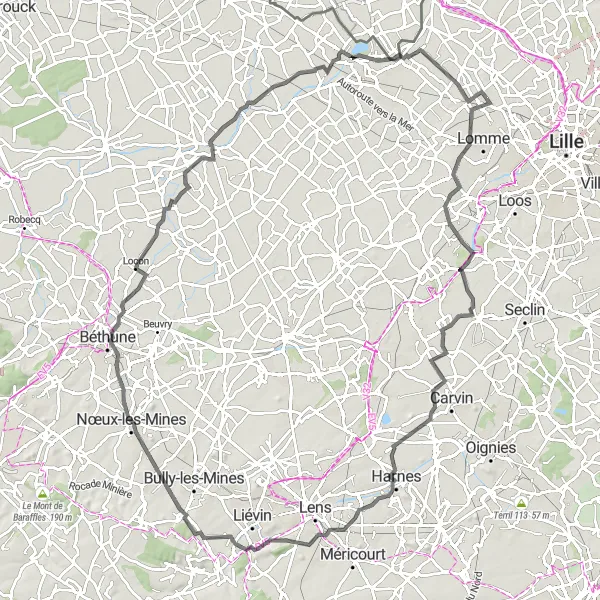 Miniature de la carte de l'inspiration cycliste "Boucle panoramique de Lens" dans la Nord-Pas de Calais, France. Générée par le planificateur d'itinéraire cycliste Tarmacs.app