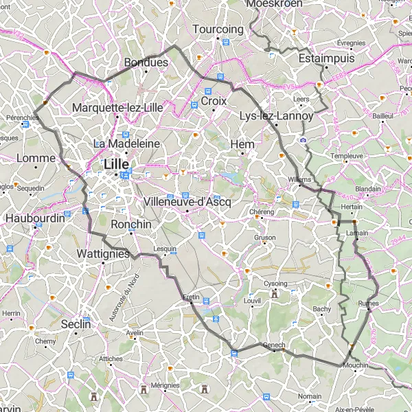 Map miniature of "Lompret and Fretin Excursion" cycling inspiration in Nord-Pas de Calais, France. Generated by Tarmacs.app cycling route planner