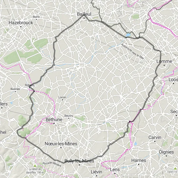 Map miniature of "Lompret to Lille and Back" cycling inspiration in Nord-Pas de Calais, France. Generated by Tarmacs.app cycling route planner