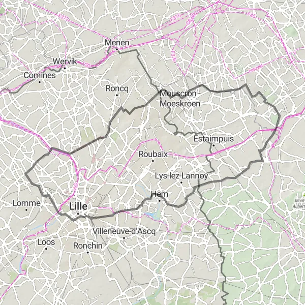 Miniature de la carte de l'inspiration cycliste "Route de Verlinghem" dans la Nord-Pas de Calais, France. Générée par le planificateur d'itinéraire cycliste Tarmacs.app