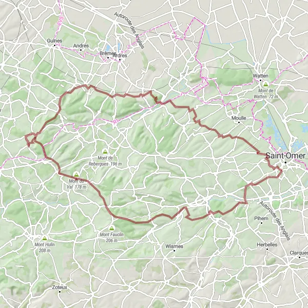 Miniature de la carte de l'inspiration cycliste "Les hauteurs du Boulonnais" dans la Nord-Pas de Calais, France. Générée par le planificateur d'itinéraire cycliste Tarmacs.app