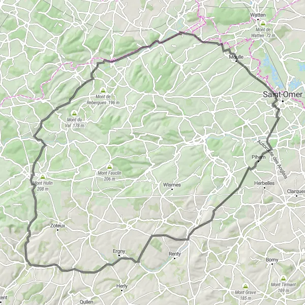 Miniature de la carte de l'inspiration cycliste "Tour des Montagnes du Nord" dans la Nord-Pas de Calais, France. Générée par le planificateur d'itinéraire cycliste Tarmacs.app