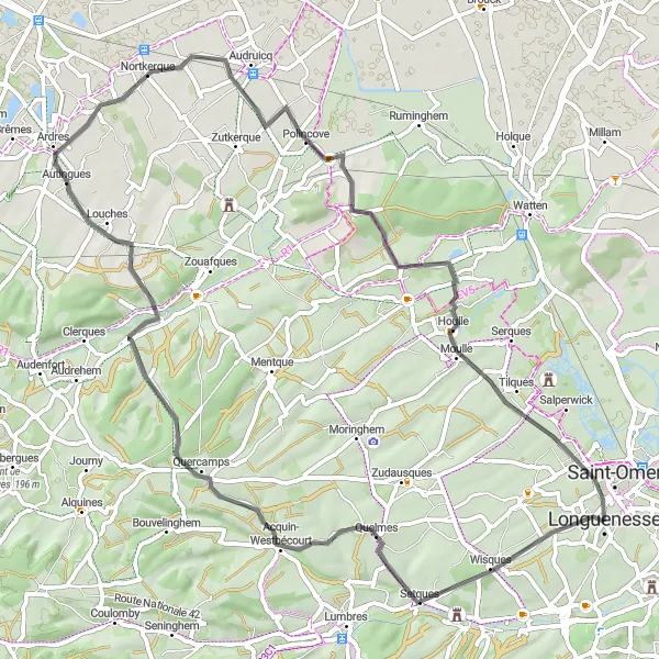 Miniature de la carte de l'inspiration cycliste "Escapade autour de Saint-Omer" dans la Nord-Pas de Calais, France. Générée par le planificateur d'itinéraire cycliste Tarmacs.app
