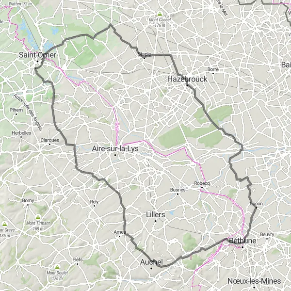 Miniature de la carte de l'inspiration cycliste "La vallée de la Lys" dans la Nord-Pas de Calais, France. Générée par le planificateur d'itinéraire cycliste Tarmacs.app