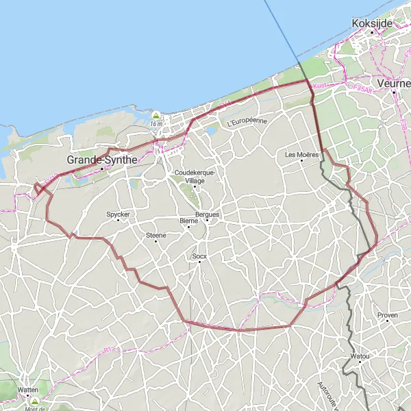 Map miniature of "Dunes and Countryside Gravel Loop" cycling inspiration in Nord-Pas de Calais, France. Generated by Tarmacs.app cycling route planner