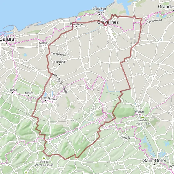 Map miniature of "Gravel route from Bourbourg to Loon-Plage via Ruminghem, Quercamps, Mont Lambert, Balinghem, Oye-Plage, Gravelines, and Loon-Plage" cycling inspiration in Nord-Pas de Calais, France. Generated by Tarmacs.app cycling route planner
