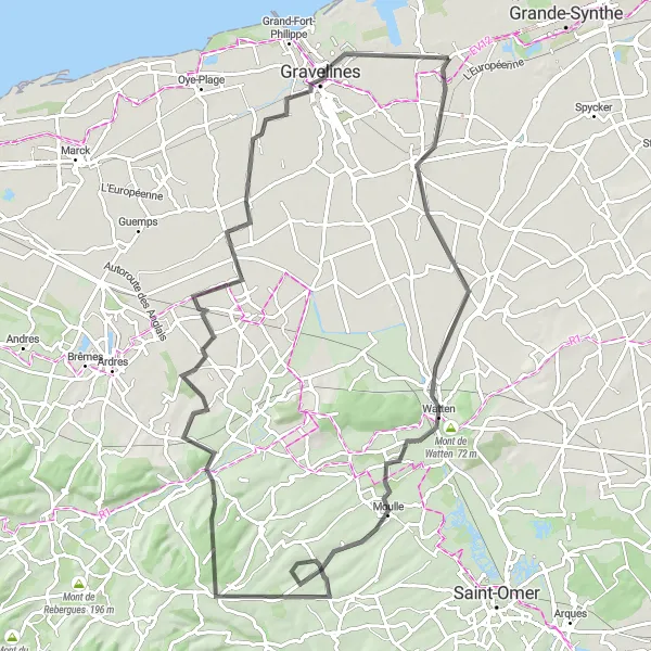 Map miniature of "Loop through Cappelle-Brouck, Belvédère du Tir à l'Arc, Moulle, Boisdinghem, Tournehem-sur-la-Hem, Vieille-Église, and Loon-Plage" cycling inspiration in Nord-Pas de Calais, France. Generated by Tarmacs.app cycling route planner