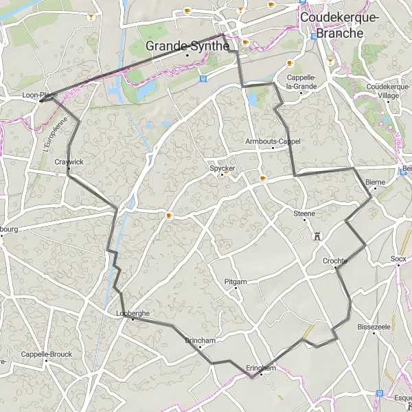 Map miniature of "Cycling tour from Grande-Synthe to Armbouts-Cappel, Bierne, Drincham, and Craywick" cycling inspiration in Nord-Pas de Calais, France. Generated by Tarmacs.app cycling route planner