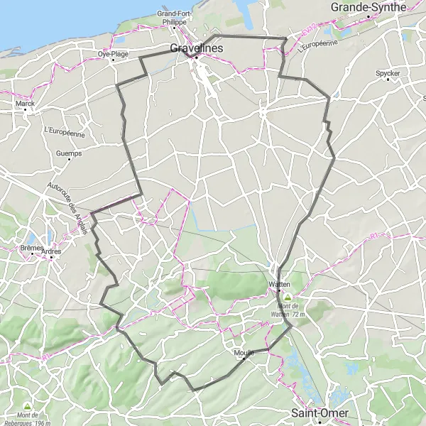 Map miniature of "Loop around Loon-Plage through Looberghe, Mont de Watten, Serques, Mentque-Nortbécourt, Zouafques, Nouvelle-Église, and Loon-Plage" cycling inspiration in Nord-Pas de Calais, France. Generated by Tarmacs.app cycling route planner