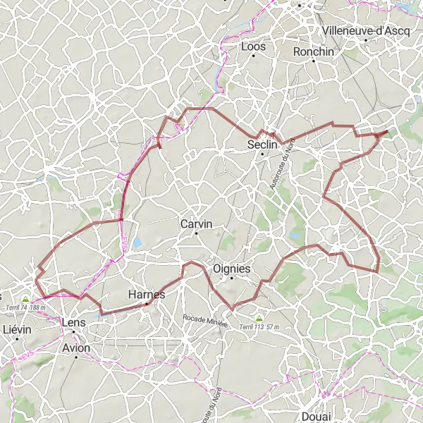 Map miniature of "Nature and History along the Gravel Trails" cycling inspiration in Nord-Pas de Calais, France. Generated by Tarmacs.app cycling route planner