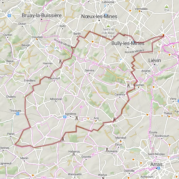 Map miniature of "Challenging Hills and Historical Sites" cycling inspiration in Nord-Pas de Calais, France. Generated by Tarmacs.app cycling route planner