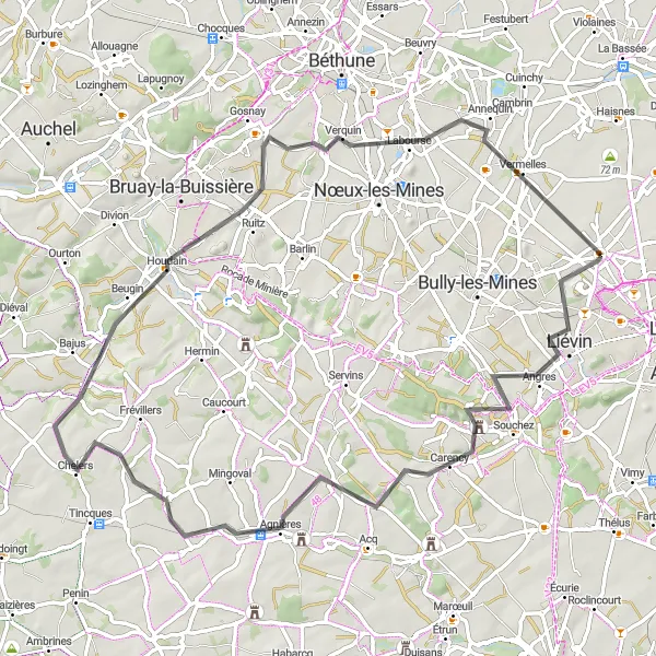 Miniature de la carte de l'inspiration cycliste "Tour des Terrils et Villages" dans la Nord-Pas de Calais, France. Générée par le planificateur d'itinéraire cycliste Tarmacs.app