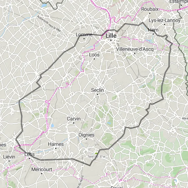 Map miniature of "Hills and Sunset Views" cycling inspiration in Nord-Pas de Calais, France. Generated by Tarmacs.app cycling route planner