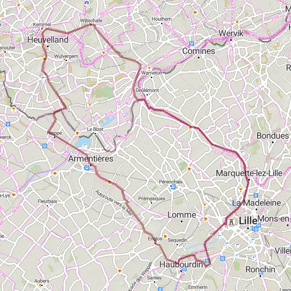 Miniature de la carte de l'inspiration cycliste "Les collines flamandes" dans la Nord-Pas de Calais, France. Générée par le planificateur d'itinéraire cycliste Tarmacs.app