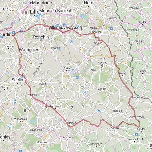 Map miniature of "Gravel Journey to Orchies" cycling inspiration in Nord-Pas de Calais, France. Generated by Tarmacs.app cycling route planner