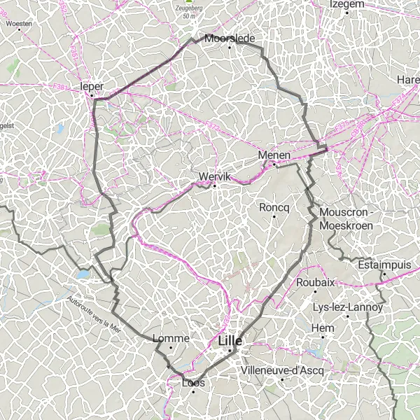 Miniature de la carte de l'inspiration cycliste "La Frontière Belge" dans la Nord-Pas de Calais, France. Générée par le planificateur d'itinéraire cycliste Tarmacs.app