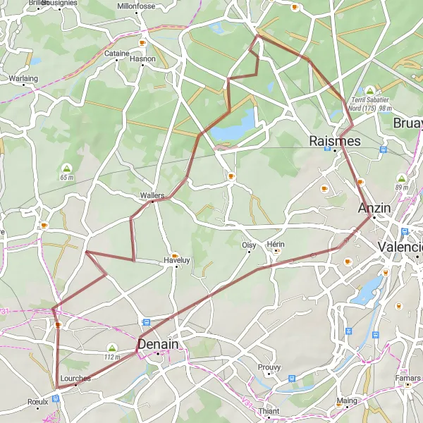 Miniature de la carte de l'inspiration cycliste "Tour des Terrils entre Lourches et Anzin" dans la Nord-Pas de Calais, France. Générée par le planificateur d'itinéraire cycliste Tarmacs.app