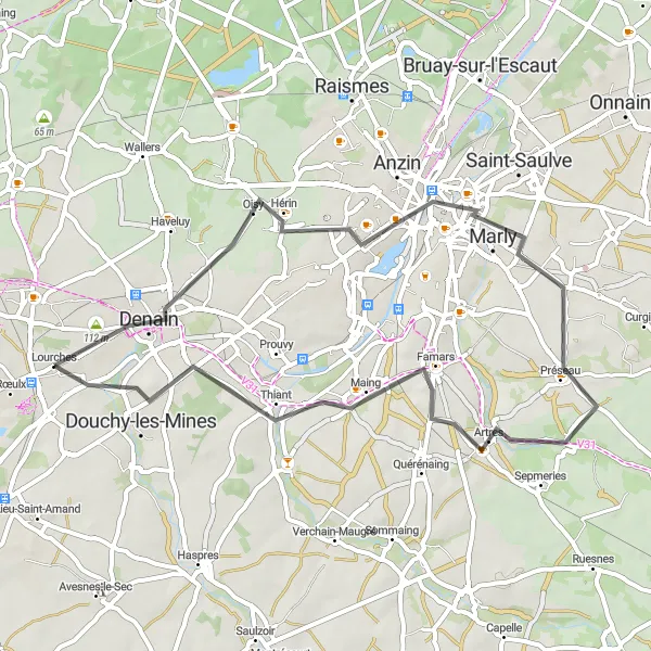 Miniature de la carte de l'inspiration cycliste "Parcours entre Hérin et Douchy-les-Mines" dans la Nord-Pas de Calais, France. Générée par le planificateur d'itinéraire cycliste Tarmacs.app