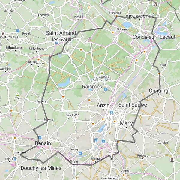 Miniature de la carte de l'inspiration cycliste "Route au cœur du Valenciennois" dans la Nord-Pas de Calais, France. Générée par le planificateur d'itinéraire cycliste Tarmacs.app