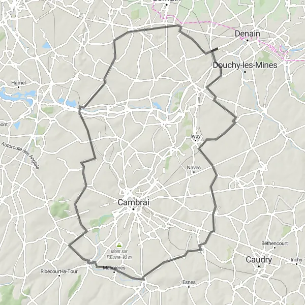 Map miniature of "Scenic Road Ride near Lourches" cycling inspiration in Nord-Pas de Calais, France. Generated by Tarmacs.app cycling route planner