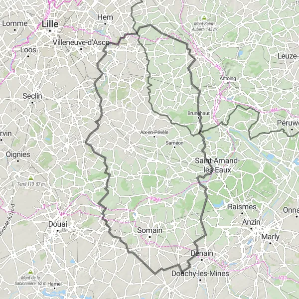 Miniature de la carte de l'inspiration cycliste "Escapade à travers le Pays à Pévéle" dans la Nord-Pas de Calais, France. Générée par le planificateur d'itinéraire cycliste Tarmacs.app