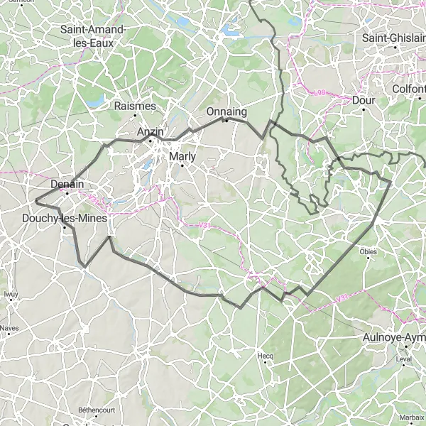 Miniature de la carte de l'inspiration cycliste "Boucle entre Denain et Haspres" dans la Nord-Pas de Calais, France. Générée par le planificateur d'itinéraire cycliste Tarmacs.app