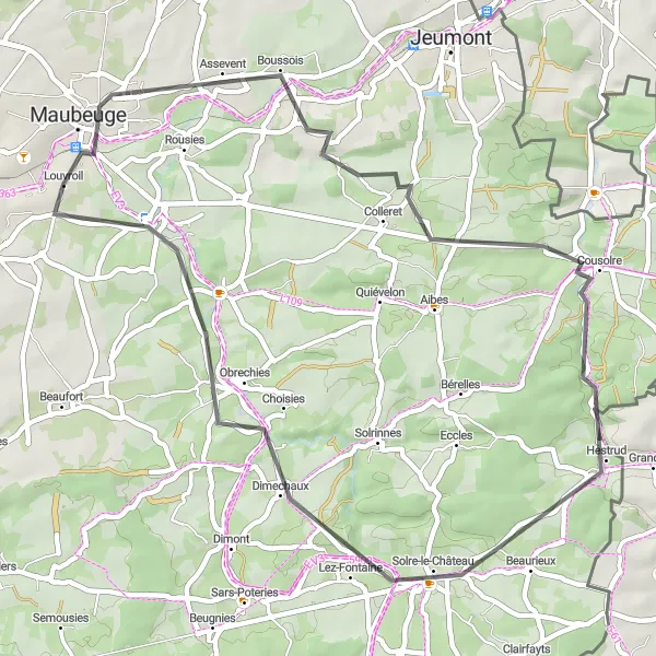 Miniature de la carte de l'inspiration cycliste "Boucle des Frontières" dans la Nord-Pas de Calais, France. Générée par le planificateur d'itinéraire cycliste Tarmacs.app