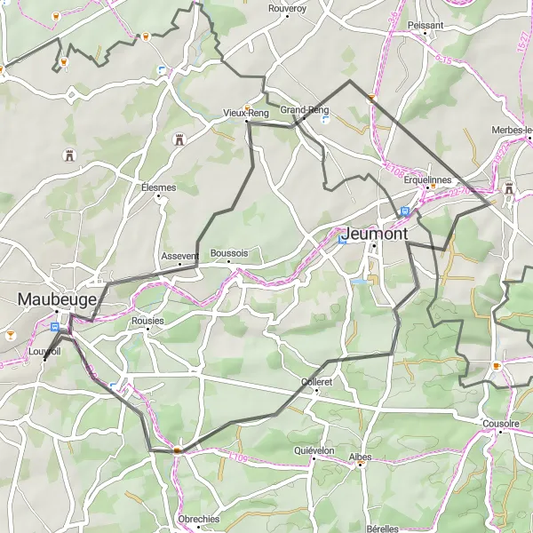 Map miniature of "Louvroil to Ferrière-la-Grande" cycling inspiration in Nord-Pas de Calais, France. Generated by Tarmacs.app cycling route planner