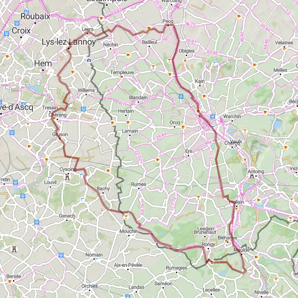 Map miniature of "Tournai Gravel Adventure" cycling inspiration in Nord-Pas de Calais, France. Generated by Tarmacs.app cycling route planner