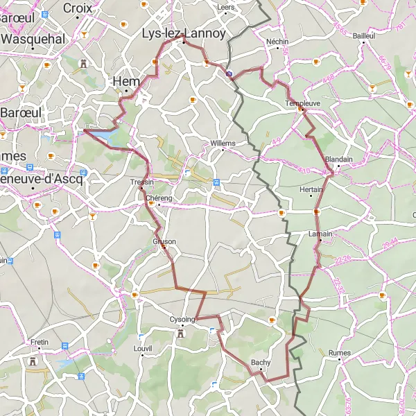 Map miniature of "Toufflers-Anstaing Gravel Ride" cycling inspiration in Nord-Pas de Calais, France. Generated by Tarmacs.app cycling route planner