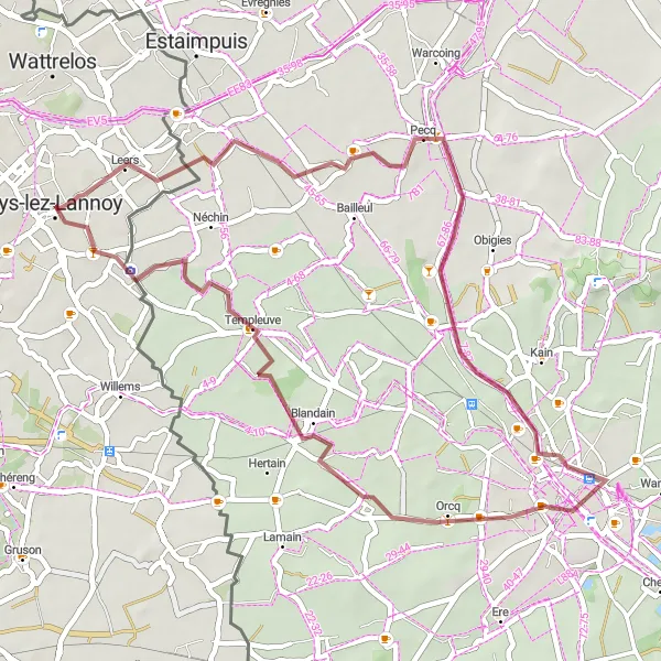 Miniature de la carte de l'inspiration cycliste "La Route des Collines de Tournai" dans la Nord-Pas de Calais, France. Générée par le planificateur d'itinéraire cycliste Tarmacs.app
